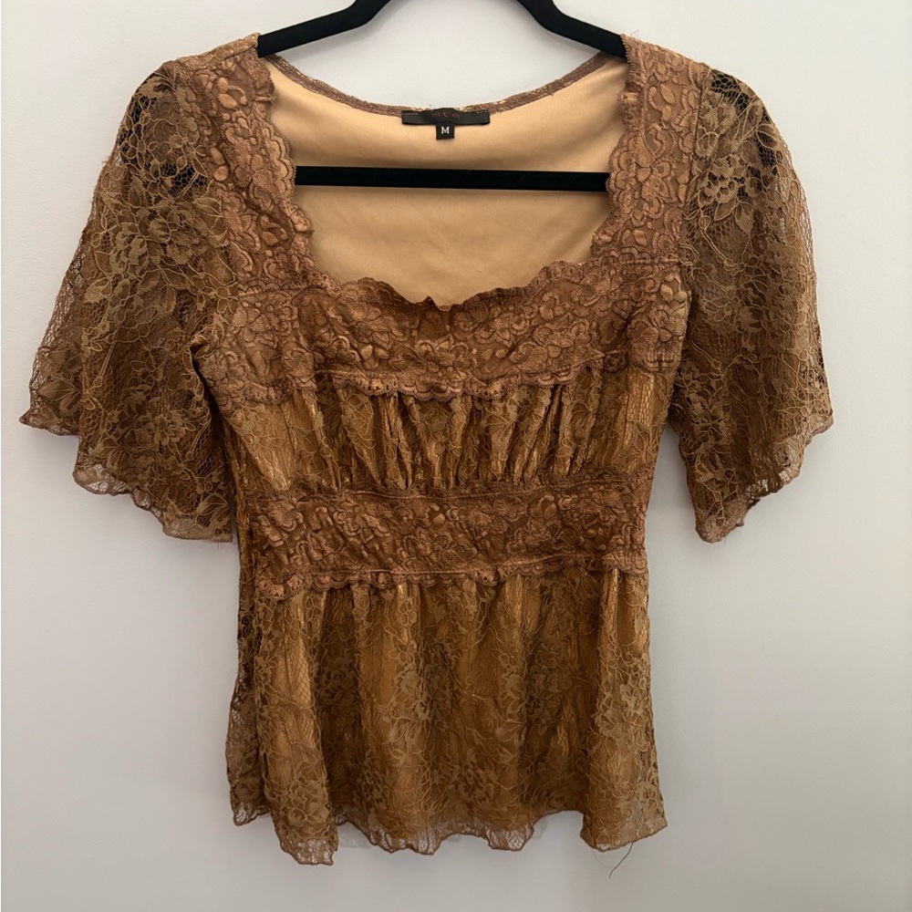 MCM Brownish Gold Laced Flutter Sleeve Blouse in Size M